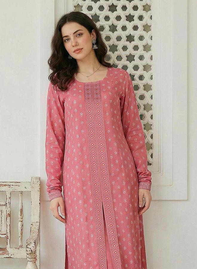 globus Women Pink Ethnic Floral Print Kurta with Wide Leg Pants Set - Image 5